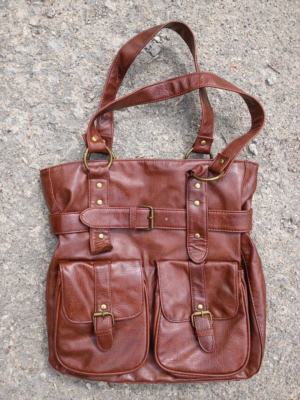 DSW Brown Vegan Leather Shoulder Bag Buckles and Pockets